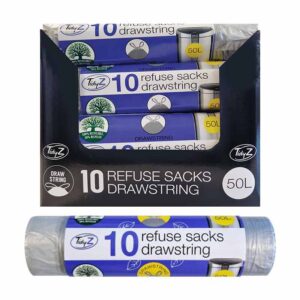 Drawstring Refuse Sack 50L roll of 10 in display of 24