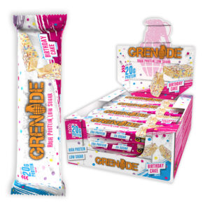 Grenade Protein Birthday Cake Bars in display of 12