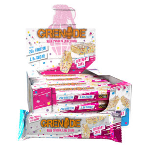 Grenade Protein Birthday Cake Bars in display of 12