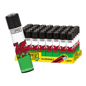 Clipper Wales Lighters in display of 48