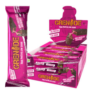 Grenade Protein Dark Chocolate Raspberry Bars in display of 12