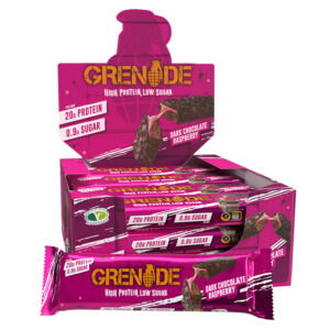Grenade Protein Dark Chocolate Raspberry Bars in display of 12