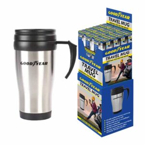 Goodyear Travel Mug in floor display of 36