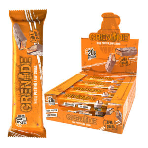 Grenade Protein Jaffa Quake Bars in display of 12