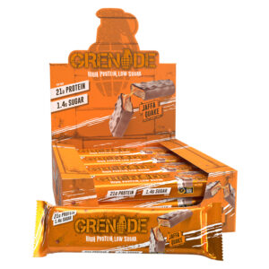Grenade Protein Jaffa Quake Bars in display of 12