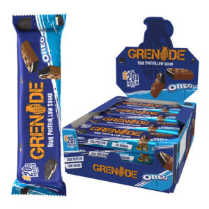 Grenade Protein Oreo Bars in display of 12