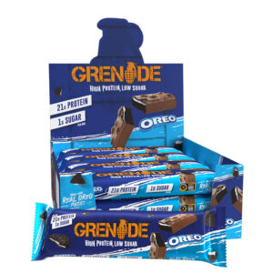 Grenade Protein Oreo Bars in display of 12