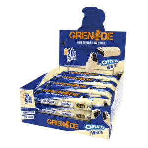 Grenade Protein Oreo White Bars in display of 12