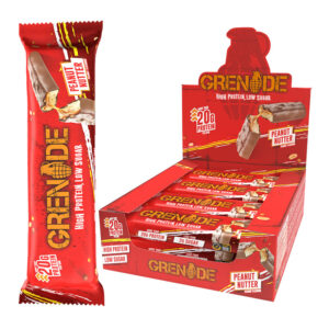 Grenade Protein Peanut Nutter Bars in display of 12