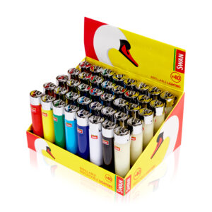 Swan Refillable Coloured Lighters in display of 40