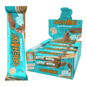 Grenade Protein Chocolate Chip Salted Caramel Bars in display of 12