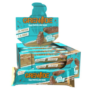 Grenade Protein Choc Chip Salted Caramel Bars in display of 12