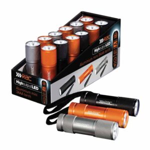 RAC Aluminium LED Torch in display of 12