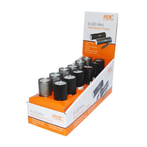 RAC Aluminium LED Torch in display of 12