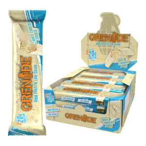 Grenade Protein White Chocolate Cookie Bars in display of 12