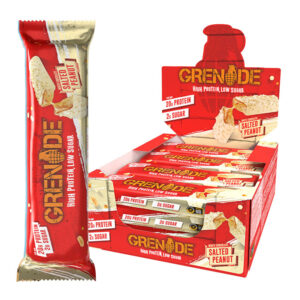 Grenade Protein Salted Peanut White Chocolate Bars in display of 12