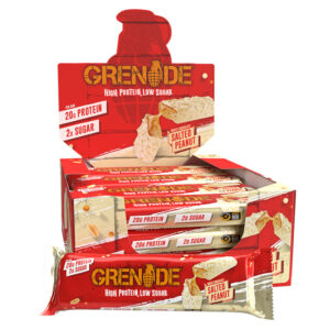 Grenade Protein Salted Peanut White Chocolate Bars in display of 12