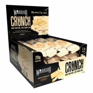 Warrior Crunch Protein White Chocolate Crisp Bars in display of 12