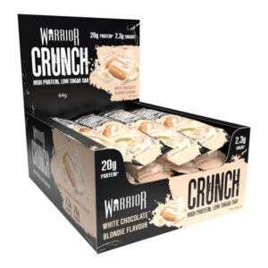 Warrior Crunch Protein White Chocolate Crisp Bars in display of 12