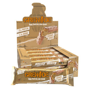 Grenade Protein Caramel Chaos Bars in display of 12