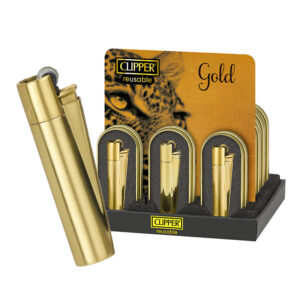 Clipper Gold Metal Lighters + Metal Gift Box in display of 12