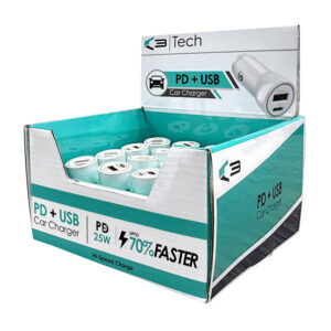 Vibe C3 Dual Car Chargers with PD & USB ports in display of 16