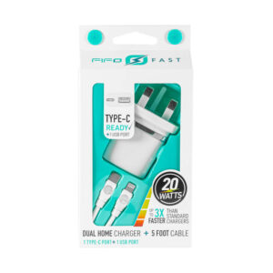 FIFO Mains Charger + USB-C to iPhone Lightning Fast Charge Cable 5ft
