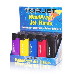 Torjet Windproof Lighters in display of 25