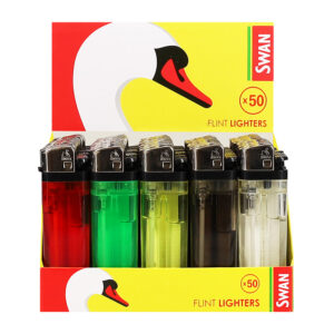 Swan Clear Flint Disposable Lighters in display of 50
