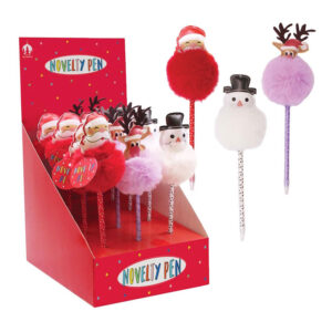 Christmas Novelty Fluffy Character Pen in display of 12