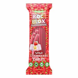 Roc Blox Supercharged Sour Strawberry Cables 170g in a display of 12