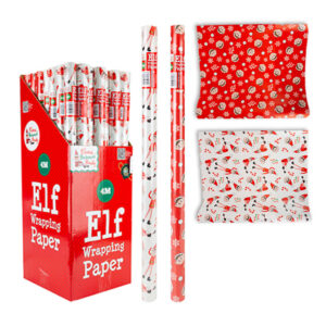 Christmas Wrap 2m x 80cm in display of 48 - Assorted Elf Design