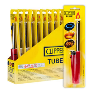 Clipper Long Reach Gas Lighters in display of 12