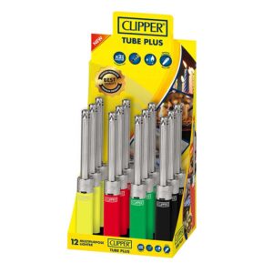 Clipper Gas Lighters Tube Plus in a display of 12