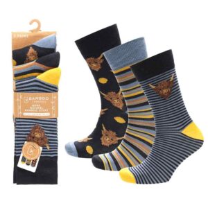 Mens Bamboo Highland Cow Design Socks 3 Pack UK 7-11